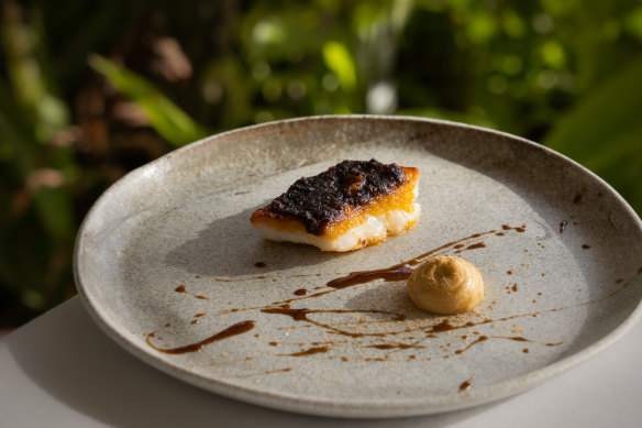 Orpheus Island Lodge’s ‘Reef & Beef’ coral trout with beef XO prawn emulsion.
