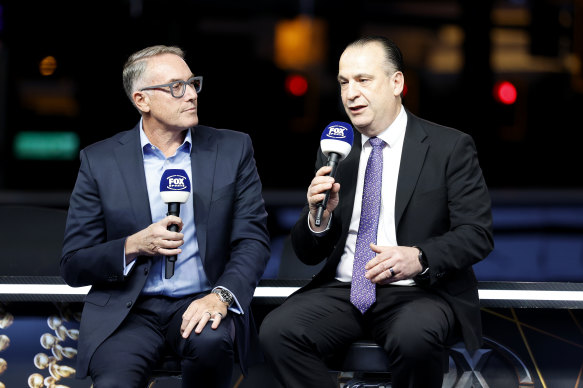 Foxtel boss Patrick Delany with the Australian Rugby League Commission’s Peter V’landys.