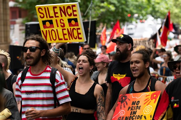 The Invasion Day protesters, pictured in 2024, typically march to Victoria Park in the Sydney CBD.