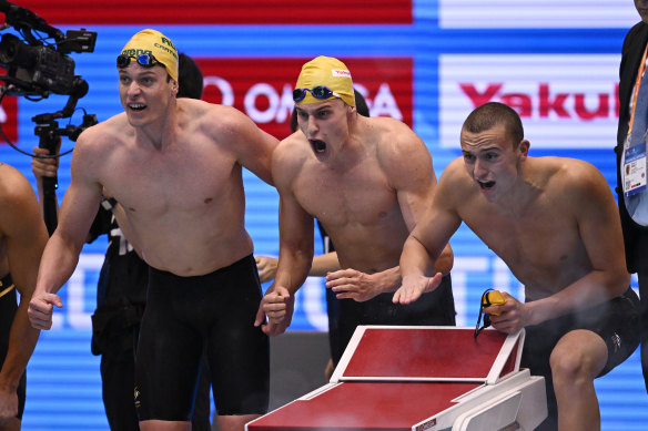 Australia celebrate victory in the men’s 4x100m freestyle relay.