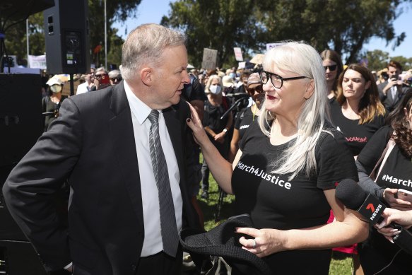 Then opposition leader Anthony Albanese with March4Justice organiser Janine Hendry in Canberra.