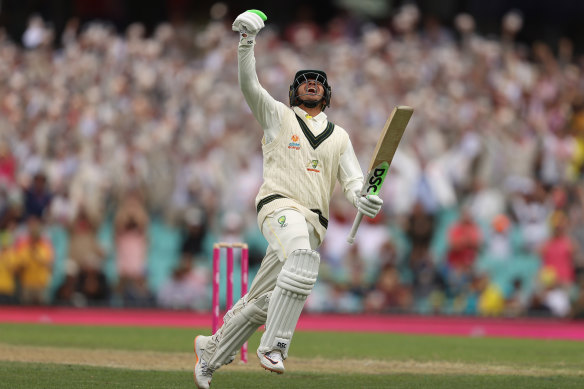 Usman Khawaja celebrates his latest SCG century.