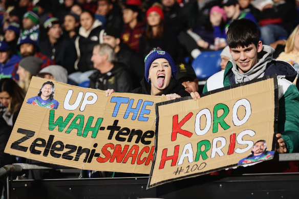 Warriors supporters getting behind the team at Mt Smart Stadium in Auckland.