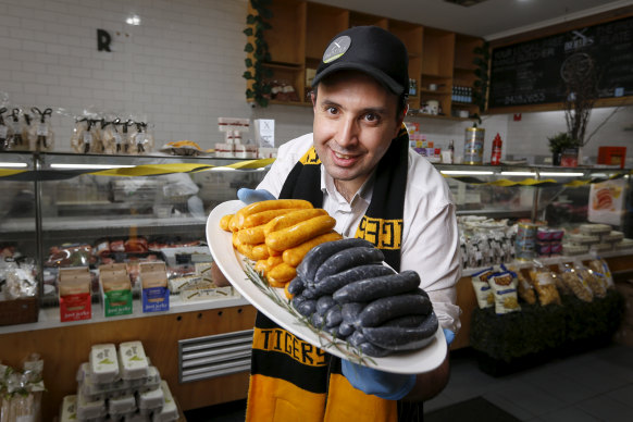 Don't worry, it's only food colouring: Jason Gabriel's black and yellow sausages at Bertie's Butcher.