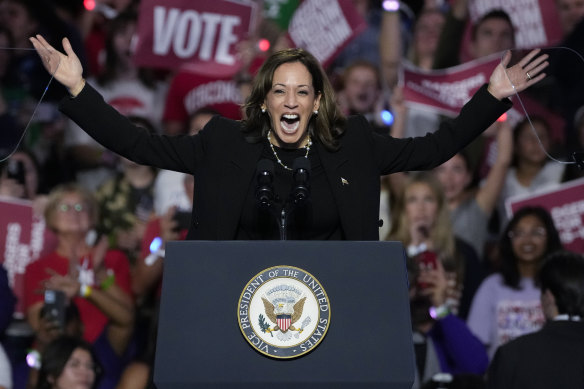 Democratic presidential nominee Vice President Kamala Harris arrives to speak at a campaign event in Madison.