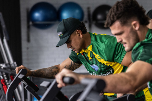 Latrell Mitchell works up a sweat at Kangaroos training.