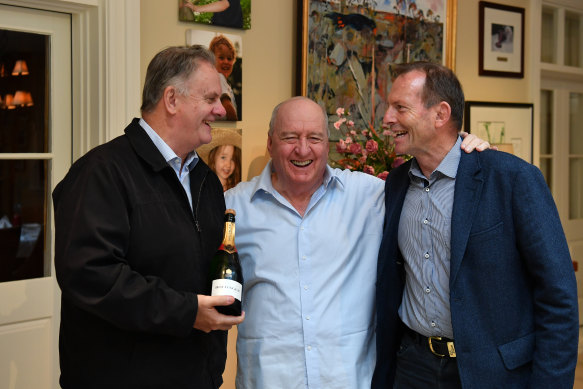 NSW One Nation MP Mark Latham and former prime minister Tony Abbott join broadcaster Alan Jones during his final breakfast show for 2GB from his home at Fitzroy Falls in the Southern Highlands on Friday.