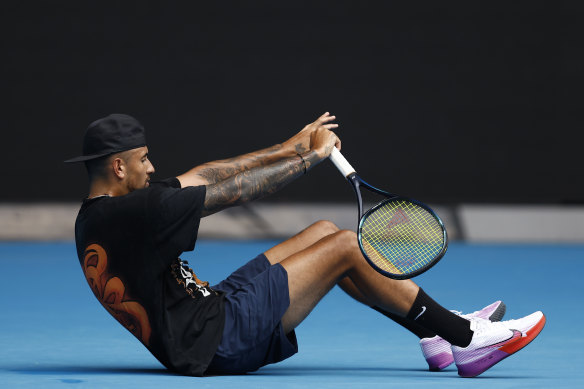 Kyrgios during practice at Melbourne Park on Thursday.