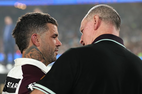 Adam Reynolds and Michael Maguire after Brisbane’s premiership victory last year.