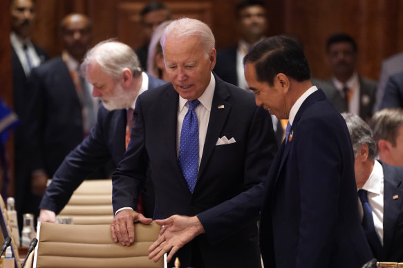 US President Joe Biden and Indonesian President Joko Widodo at the G20 summit in New Delhi on Saturday.