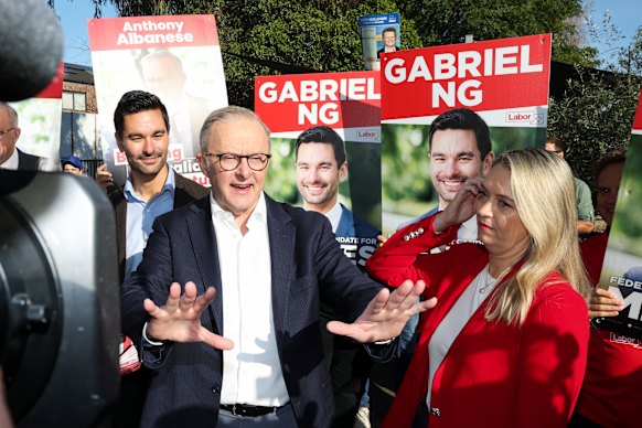 Labor candidate for Menzies Gabriel Ng, Prime Minister Anthony Albanese and his fiancee,  Jodie Haydon.