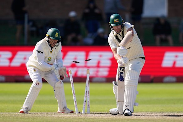 End of the resistance: Scott Boland is bowled by South Africa’s Wiaan Mulder.