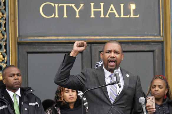 Supervisor Shamann Walton speaks at a reparations rally outside of City Hall in San Francisco.