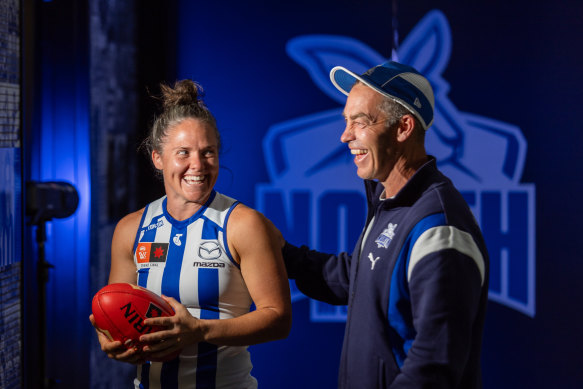 North Melbourne men’s coach Alastair Clarkson with the club’s AFLW captain Emma Kearney in the build-up to the grand final.