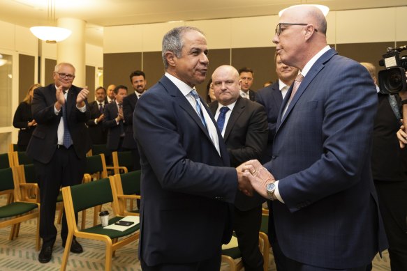 Israeli ambassador Amir Maimon is greeted by opposition leader Peter Dutton at the Coalition joint party room meeting at Parliament House. 