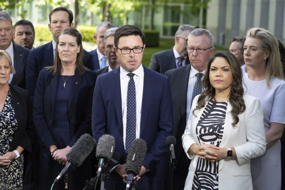 Nationals leader David Littleproud, flanked by senator Jacinta Nampijinpa Price, announces the party’s stance on the Voice on November 28.