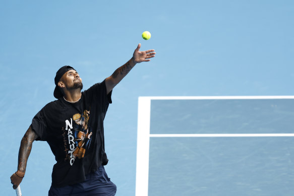 Nick Kyrgios during a practice session at Melbourne Park on Thursday.