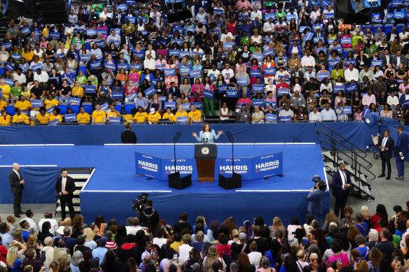 The crowd, mainly black and female, listen to Vice President Kamala Harris during a campaign rally in Atlanta, Georgia, last Tuesday..