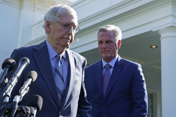 From left: Senate Minority Leader Mitch McConnell and House Speaker Kevin McCarthy speak to reporters outside the White House.