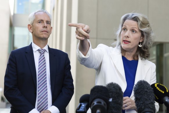 Immigration Minister Andrew Giles and Home Affairs Minister Clare O’Neil answer questions at a fiery press conference on Wednesday.
