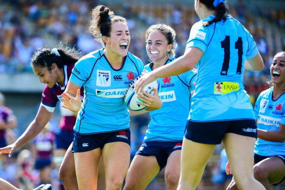 Road tripper: Rookie NSW winger Maya Stewart pops up after scoring her debut try in the Waratahs' win over Queensland at Leichhardt Oval.