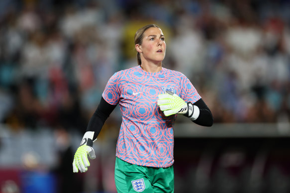 England’s Mary Earps warms up for the Women’s World Cup final.