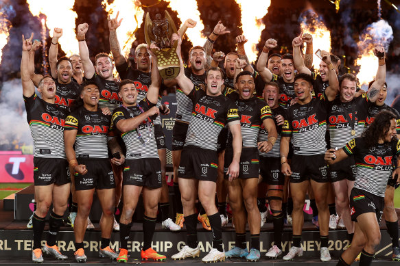 Nothing to hide: Penrith celebrate back-to-back grand final wins last year