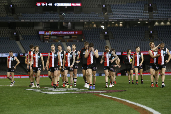 St Kilda players walk off the ground after a loss this season.
