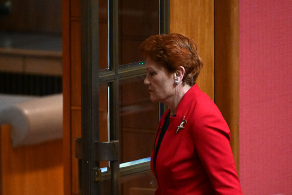 Pauline Hanson leaving the Senate chamber. 
