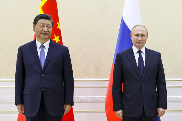 Chinese President Xi Jinping and Russian President Vladimir Putin in Uzbekistan on Thursday. 