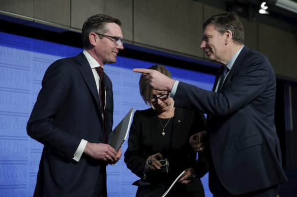 NSW Treasurer Dominic Perrottet, Jane Halton and David Thodey during a panel discussion at the National Press Club of Australia in Canberra on Wednesday.