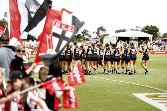 A capacity crowd of 8000 packed into Moorabbin to watch the Saints' first AFLW game on Sunday.
