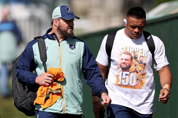 Allan Alaalatoa walking with James Slipper, and wearing a Slipper T-shirt, ahead of Slipper’s 150th Test in 2025.