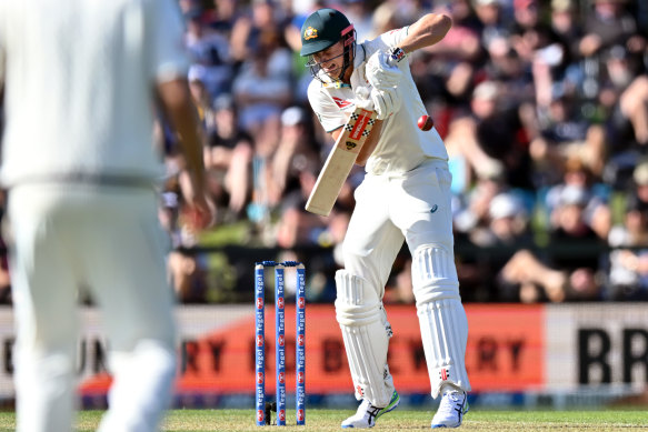 Cameron Green is hit on the body during one of the more awkward moments of his innings.