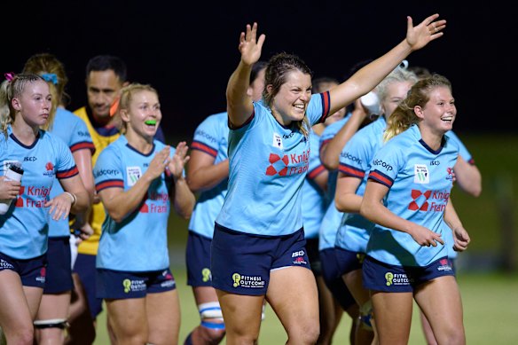 Grace Hamilton of the Waratahs celebrates victory in the Super W semi-final.