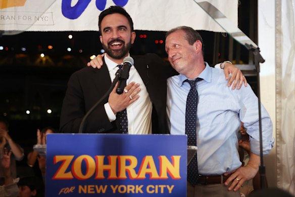 Zohran Mamdani (left) with supporter Brad Lander at his election party.