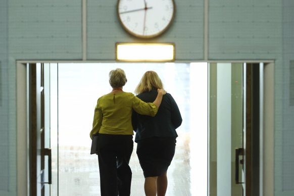 Member for Indi, Helen Haines, left, with Liberal MP Bridget Archer, following the vote yesterday.