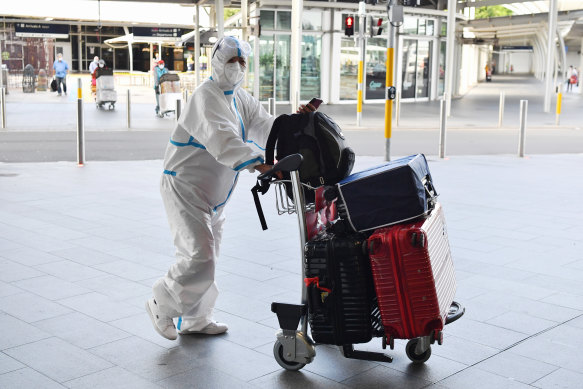 An international traveller arrives at Sydney Airport last month. Traffic has nosedived due to the pandemic. 