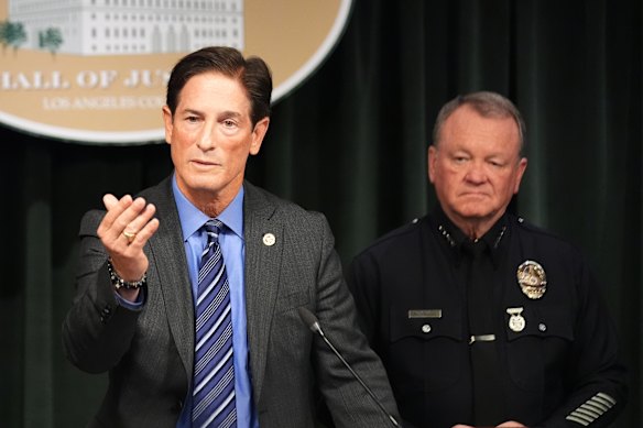 Los Angeles District Attorney Nathan Hochman (left) and LAPD chief Jim McDonnell announce developments in the murder case of Rob Reiner and his wife Michele.
