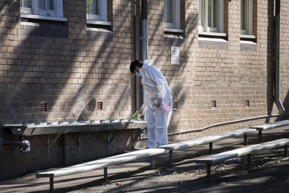 Cleaners disinfect Rose Bay Public School on July 5 after a student tested positive to COVID-19.
