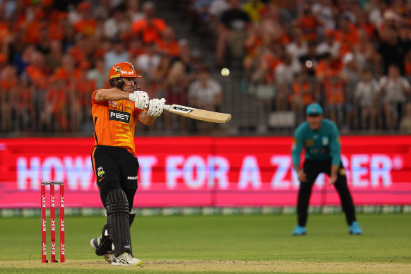 Nick Hobson hits the winning runs for the Scorchers in BBL final before more than 53,000 fans at Perth Stadium last February.