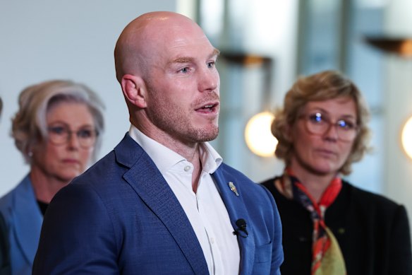 Independent senator David Pocock speaking to the media during the final sitting week before the winter break. 