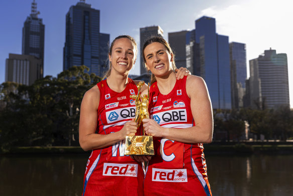 Swifts co-captains Paige Hadley (left) and Maddy Proud with the Super Netball trophy in Melbourne on Friday.