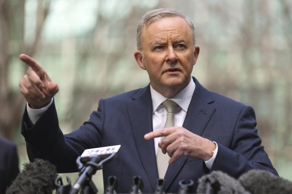 Opposition Leader Anthony Albanese at an outdoor press conference in Canberra on Tuesday.