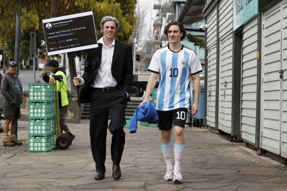 Geelong’s Max Holmes and Gryan Miers dressed up for the end-of-season frivolity.