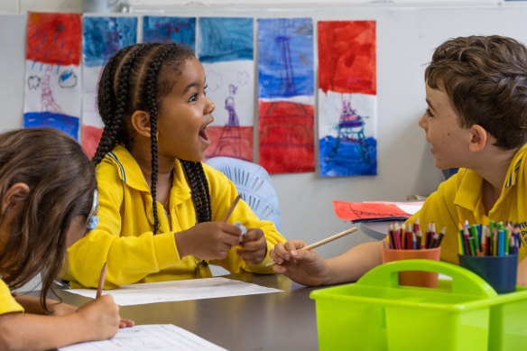 Fitzroy Primary School students Fatima and Gustav learn in French for 10 hours a week as part of the school’s bilingual program.