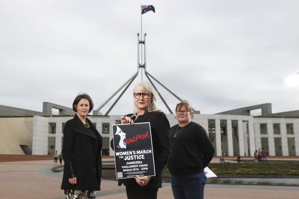 Helen Dalley-Fisher, Janine Hendry and Sharon Buikstra ahead of the Women’s March 4 Justice at Parliament House.