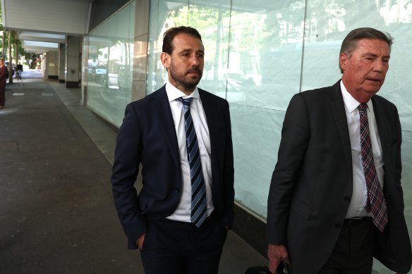Peter Minucos, left, leaving the ICAC on Monday.