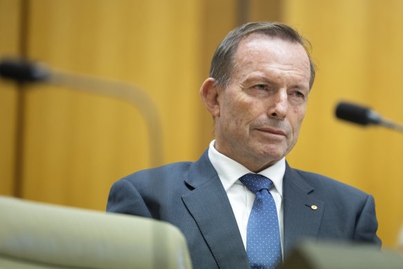 Former prime minister Tony Abbott during a hearing on the Voice referendum.