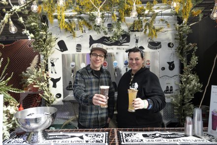 David Clark and Gab Moore from Sailors Grave Brewing in East Gippsland. Clark is holding the Dark Emu Dark Lager and Moore is holding the Bloody Caesar.